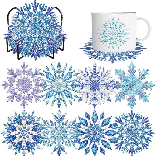 1 8 Pieces Snowflake Diamond Art Coasters Kits DIY Christmas Diamond Coasters with Holder 5d Snowflake Diamond Dot Coaster for Adults Diamond Painting Kits Supplies