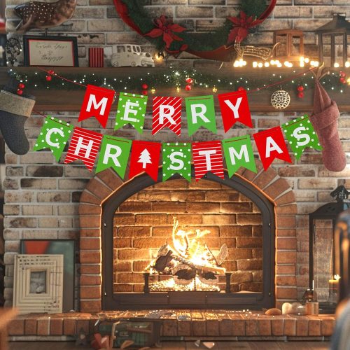1 Merry Christmas Banner, Red Green Xmas Decorations Paper Banner Sign With String for Fireplace/Wall/Window, Christmas Home Office Decor Banners, Christmas Party Banner for Holiday Decoration
