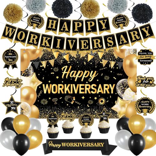 1 Happy Workiversary Party Decorations for Men Women, Black Gold Happy Work Anniversary Banner Cake Topper Hanging Swirl Confetti Balloons Decor Set for Employee Office Party Supplies(31PC)