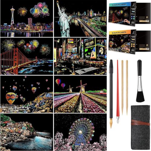 1 Scratch Painting Kits for Adults & Kids, Rainbow Painting Night View Scratchboard(A4), Crafts Set: 8 Sheets Scratch Cards with 6 Tools in Bag - New York, Statue of Liberty, Seattle(America/Europe)
