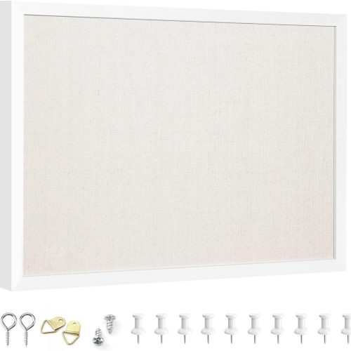 1 13.3"x17.7" inch Bulletin Board with Linen, White Wood Style Frame, with 10 Pushpins, Linen Cork Board, Ideal for School, Home & Office