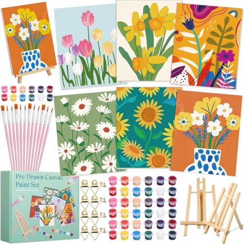 1 6 Packs Pre Drawn Canvas Kit for Painting Adult 8 X10 Inch Sip and Paint Kit Flower Painting Pre Printed Canvases with Easel and Brushes for Adults Kids DIY Summer Artist Party