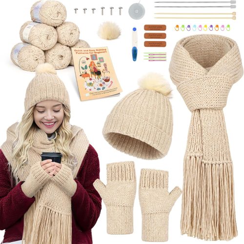 1 Beginner Knitting Kit - Learn to Knit Kit for Adults & Kids - Complete Hat, Scarf, Gloves Starter Kit with Step-by-Step Instructions