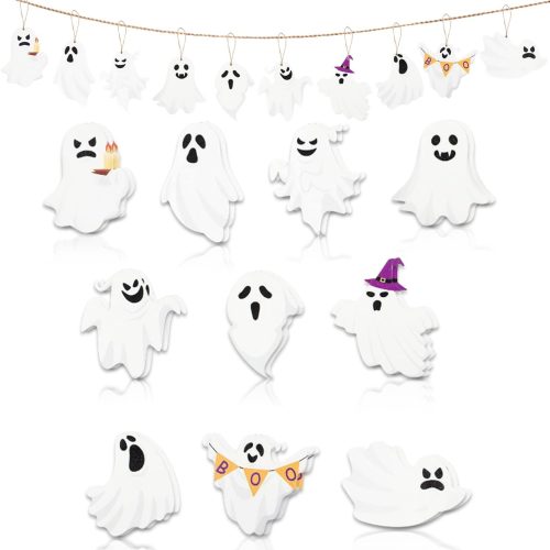 1 20Pcs Halloween Wooden Ornaments Cute Ghost Tree Decorations Wooden Ghost Decorations Design Gothic Spooky Hanging Ornaments for Halloween Holiday Party Supplies