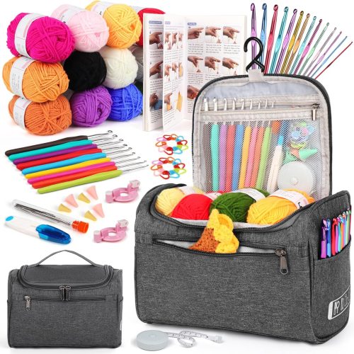 1 Crochet Kit for Beginners Young and Old, First Crochet Kit for Adults Include 23pcs Crochet Hooks, 655 Yards Yarn Set for Crocheting, Instruction, Bag, Crochet Accessories and Supplies, Grey