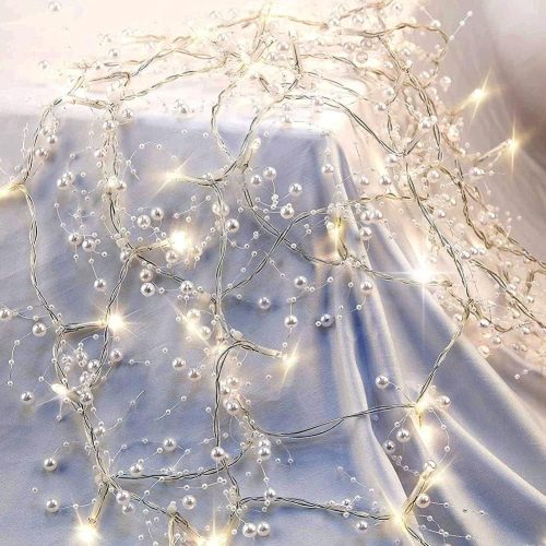 1 Christmas Decorations 13FT Pearl Garland String Lights 40LED Festive Lighted Berry Beaded Indoor Xmas Decor Warm Lights for Bedroom Mantel Wedding Party Battery Operated