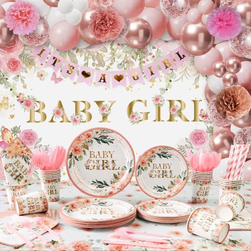 1 Baby Shower Decorations for Girl,225 PCS YHFNDIYS Pink Floral Girl Baby Shower Decorations Party Supplies (20 Guest) with Paper Plates Cups Napkins Straws Banner Tablecloth Backdrop Balloons Arch Kit