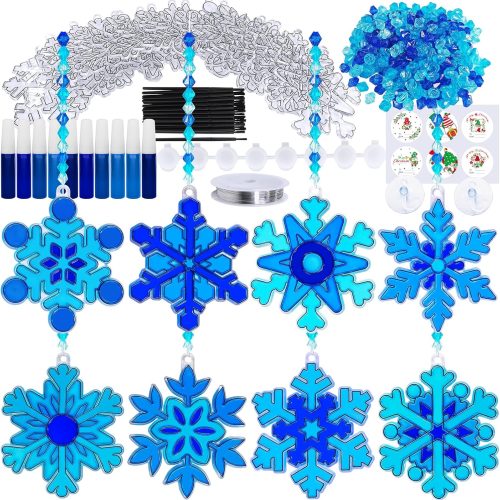 Winlyn 24 Sets Snowflake Suncatchers Ornaments Decorations DIY Window Paint Art Suncatchers Christmas Craft Kits Hanging Snowflake Sun Catchers for Kids Christmas Winter Home Classroom Party Activity