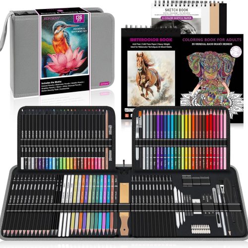 1 136 PCS Drawing & Sketching Set,Pro Art Supplies with Graphite,Charcoal,Colored,Watercolor,Metallic Pencils,Blending Tools,Sketchbook,Watercolor Book and Coloring Book in Zipper Case (Grey)