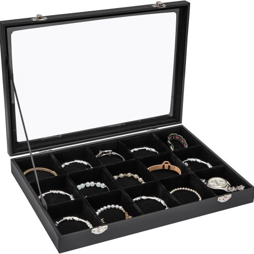 1 Polmart 15-Grid Jewelry Organizer/Storage/Display Case with Acrylic Lid, Black Velvet