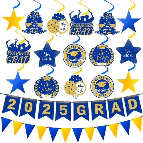 1 34Pcs Graduation Decorations 2025 Pre-Assembled Hanging Swirls 2025 GRAD Banner Graduation Party Decorations Class of 2025 for Classroom Home Party