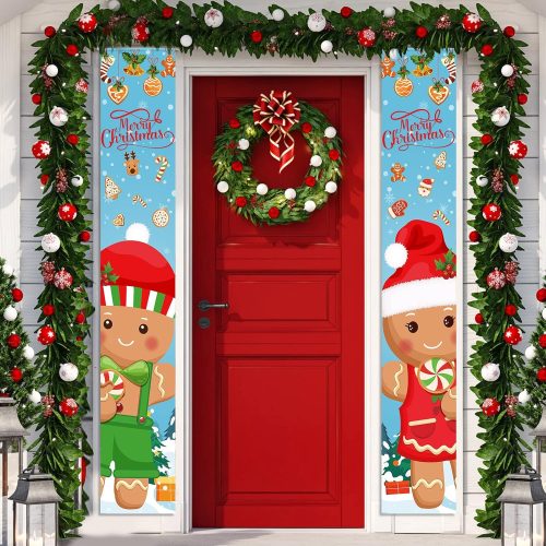 2 Pcs Christmas Porch Sign Gingerbread Door Sign Banner Christmas Hanging Door Banner for Outside Indoor Outdoor Home Front Porch Holiday Xmas Decorations Gingerbread Party Supplies