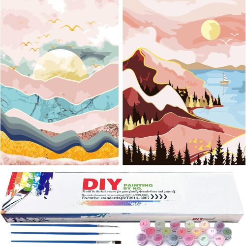 1 HIVIEW 2 PCS 12" W x 16" L Paint by Numbers for Adults and Kids Canvas, Diptych DIY Acrylic Painting Kit with Paintbrushes, Acrylic Pigment for Beginners, 2PCS Sunset Lake Mountains(Without Frame)