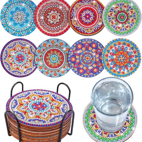 1 8 Pcs Coasters with Holder, Mandala DIY Diamond Art Crafts for Adults, Small Diamond Painting Kits Accessories