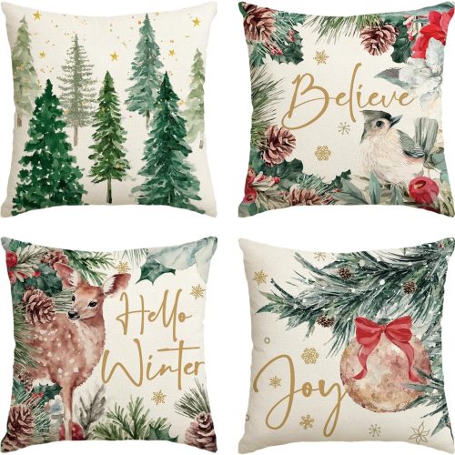 1 AVOIN colorlife Joy Christmas Holly Berries Reindeer Believe Throw Pillow Covers, 18 x 18 Inch Xmas Tree Hello Winter Holiday Cushion Case Decoration for Sofa Couch Set of 4