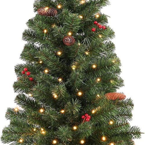 1 4FT Pre-lit Artificial Potted Christmas Tree with 50 LED Lights,Small Fake Spruce Tree,Xma Pine Cones Tree Decorated with 140 Branch Tips, Pine Cones&Red Berries, Plug in