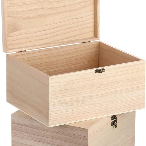 1 Yookeer 6 Pcs Large Unfinished Wooden Box with Hinged Lid and Front Clasp, Rectangle Unpainted Crafts DIY Wood Boxes Treasure Chest Stash Box for Art Gifts Jewelry Home Storage, 10.6x8.1x5.7 Inch