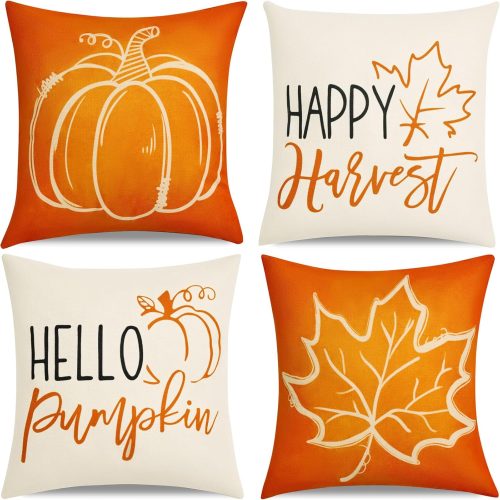 1 Fall Decor-Throw Pillow Covers 18x18 in Set of 4,Pumpkin Linen Pillow Case for Thanksgiving Couch Autumn Holiday Home Outdoor Burnt Orange White Decorations
