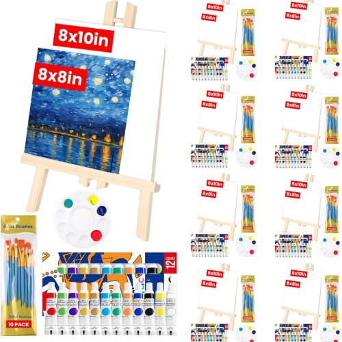 1 208 Pieces Canvas Painting Kits for Adults Kids, 8 Set 12 Color Acrylic Paint Kit, 16 Canvases, 8 Wood Easels, 8x10 Size Brushes, 8 Palettes, 8inch Canvas and Easel Set for Party Artists and Beginner