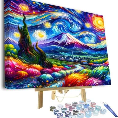 Rebotipy Abstract Starry Sky Mount Fuji Paint by Numbers for Adults Acrylic Color Wave by Number Starry Town Paint by Number Kits with Frame Paint by Numbers for Adults Beginner Wall Decor 16"x 20"