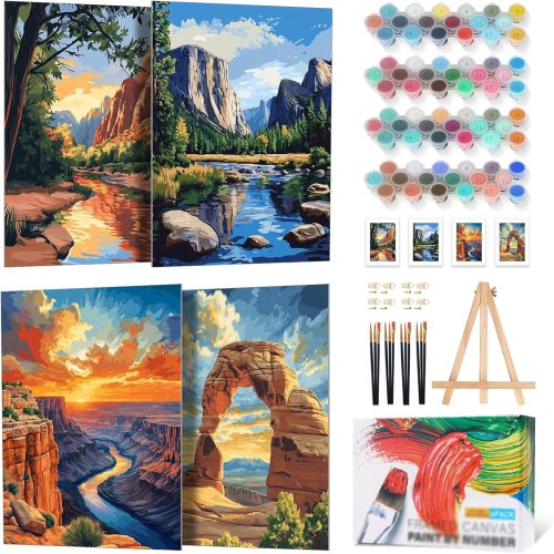 4 Pack Framed Paint by Numbers Kit for Adults Beginner with Wooden Easel, National Park Paint by Number Kits with Frame, DIY Acrylic Landscape Painting by Numbers for Home Wall Decor Gift 8x12 inch