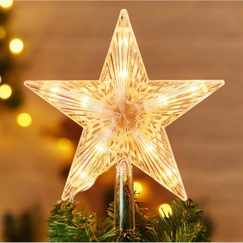 Christmas Tree Topper Lighted Star with Built-in 10 Replaceable Bulbs, 9.5” Clear Five-Pointed Star Tree Topper Plug in for Indoor Office Xmas New Year Holiday Tree Decoration, Warm White