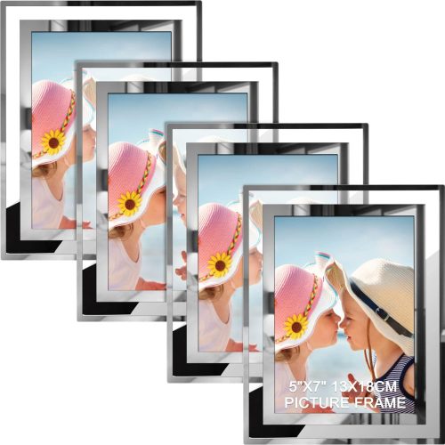 5x7 Picture Frames Set of 4, Silver Mirror Glass Photo Frame for Tabletop Display, Gifts Picture Frame, Horizontally or Vertically