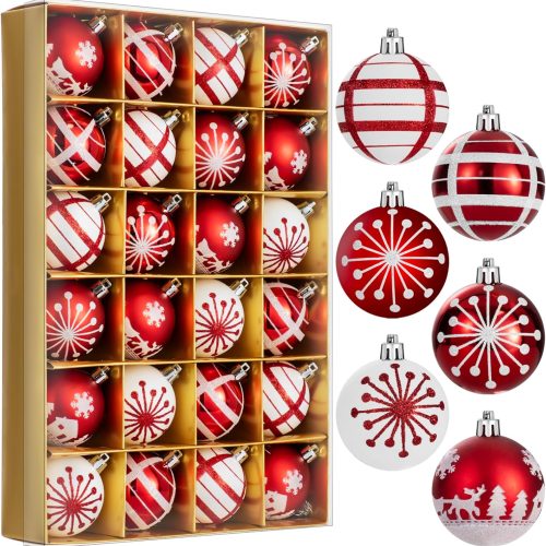 24PCS Christmas Ball Ornaments Set Xmas Tree Decoration Balls 2025 Shatterproof Hanging Colored for Party Wedding Home Party Outdoor Indoor White & Red