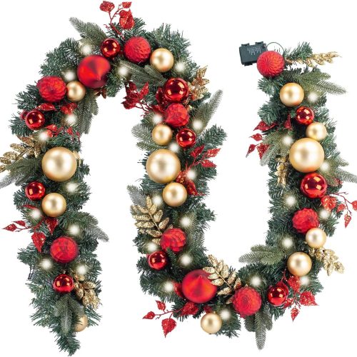 Pre-lit 9Feet /108 Inch Christmas Garland with Lights for Front Door, Red Gold Ligthed Christmas Mantel Garland Decoration with Ball Ornaments, Battery Operated 50 LED