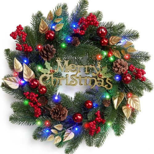 Christmas Wreath for Front Door, 22 Inch Large Outdoor Christmas Wreath, Lighted Xmas Wreath with Red Green Ball Ornaments Velvet Bow and 30 LED Lights for Fireplace Window Holiday Decor