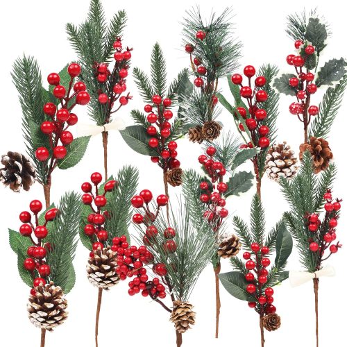 1 12 Pack Artificial Berry Twigs for Christmas Tree Decoration, DIY Christmas Red Berry Stems for Crafts Wreath Garland Ornaments, 6 Designs