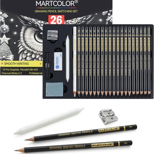 1 Drawing Sketching Pencil Set, 26 Pieces, Graphite Pencils (14B-4H), Charcoal Pencils, Charcoal Sticks, Blending Stump, Eraser, Sharpeners, Artist Pencils for Beginners & Pro Artists