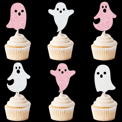 1 24pcs Glitter Halloween Party Cupcake Toppers Ghost Theme Cupcake Toppers Pink and White Spooky Ghost Theme Decorations for Girls Halloween Party Baby Shower Supplies