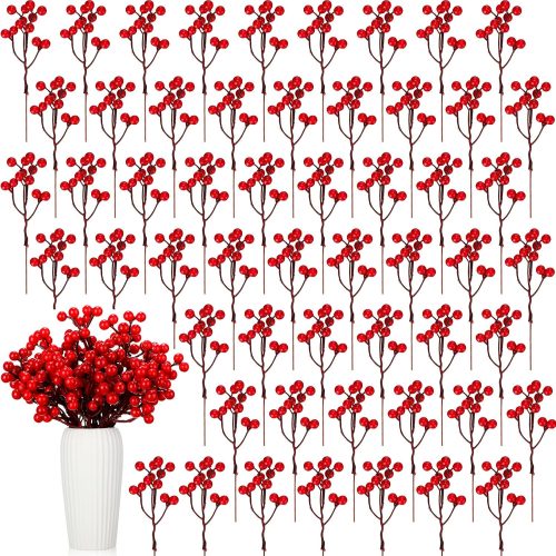 1 80 Pcs Christmas Artificial Red Berries Stems Holly 7.1 Inch Faux Berry Branches Fake Berry Picks for Christmas Tree Winter Holiday Season Wedding Floral Home Decor Xmas DIY Crafts