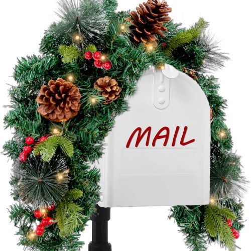 1 Artificial Christmas Mail Box Swag Decorations with Poinsettias Flowers 16ft LED Lights Holiday Mailbox Wreath and Garland Set with Pine Cone & Red Berries Indoor Outdoor -36 Inch