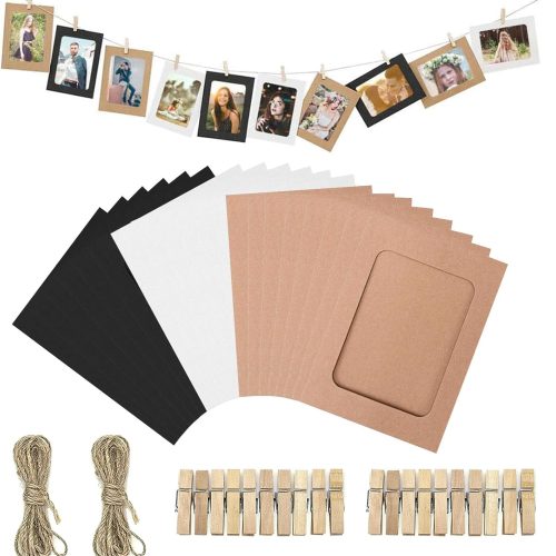 1 Hanging Photo Display Wall Decor, 2 PCS Boho Wooden Bead Garland Collage with 20 Picture Frame and 20 Wood Clips. 3 Colours Picture Hanger for Home, School Art Holder String or Party Decoration