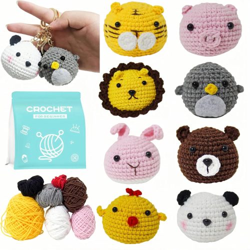 1 Crochet Kit for Beginners, 8 Pattern Crochet Animals Knitting Kit, with Key Chain, Beginner Crochet Kit for Adults Kids with Step-by-Step Video Tutorials and Yarns, Hook, Accessories