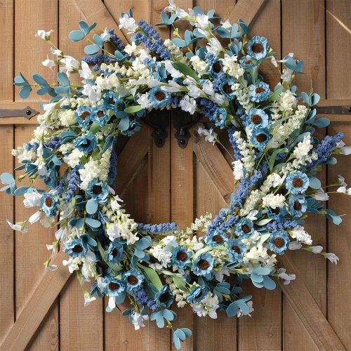 1 24 Inch Spring Wreath Blue with Green Leaves Wreaths Blue Daisy Artificial Grains White Flower Wreath for Front Door Wreaths,Farmhouse Decor Indoor&Outdoor Wedding Wall Home Decor