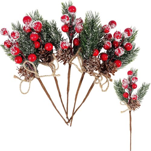 1 10PCS Christmas Berries Red Stems Evergreen Pine Branches, Snow Flocked Red Holly Berry Pine Cone Floral Sprays Decoration,Winter Holiday Floral Picks (10PCS)