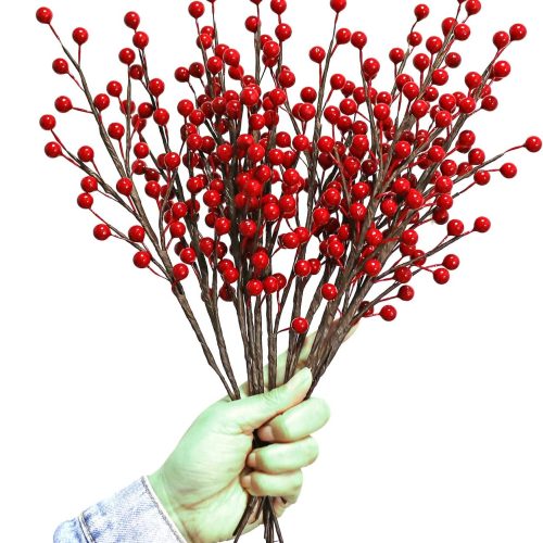 1 12Pcs Artificial Red Berries Stems, 13.5" Waterproof Burgundy Berry Branches for Home Holiday Wedding DIY Christmas Tree Wreath Flower Decor