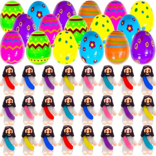 1 24 Pcs Prefilled Easter Eggs with Mini Jesus Figurines Resin Toys Great for Kids Toddlers Easter Egg Hunt Fillers Easter Basket Stuffers Party Favor Gifts