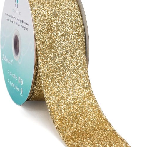 1 Glitter Wired Ribbon 1.5" x 10 Yards Light Gold for Christmas Home Decor Bow Gift Wrapping DIY Crafts Wreath