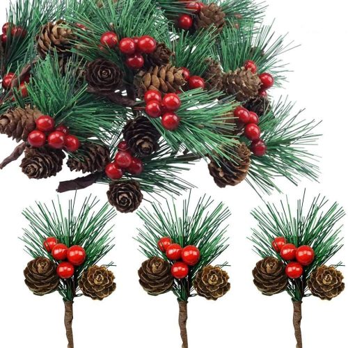 1 Red Berry Pinecones Pine Needles Stems Picks Artificial Winter Christmas Berries Decor for Crafts Christmas Garland and Holiday Wreath Ornaments, 20 Branch (20)