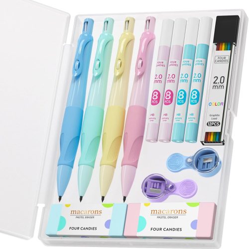 1 2.0MM Mechanical Pencil with Comfort Ergonomic Grip, 4PCS Cute Mechanical Pencils with 44PCS Lead Refills, 2PCS Sharpeners/Erasers, Aesthetic School Supplies for Kids Writing Drawing