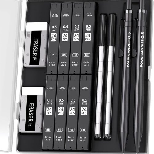 1 Metal Mechanical Pencils 0.5 & 0.7 mm, 2PCS Mechanical Pencils with Dual Spring, 8 Tubes Lead Refills, 2PCS 4B Erasers and 18PCS Eraser Refills, Mechanical Pencil Set for Writing Drawing