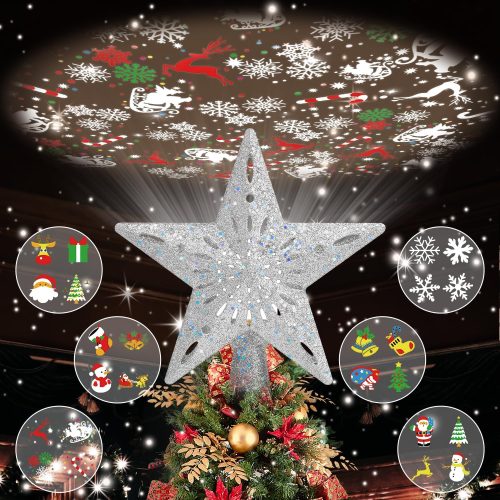 1 Christmas Tree Topper Lighted with 6 Projected Patterns, Christmas Star Tree Topper Built-in LED Rotating Lights, 3D Glitter Projector for Party Holiday Xmas Decorations Gifts (Silver)