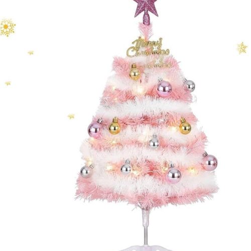 1 Small Pink Christmas Tree, 2ft Mini Christmas Tree, Artificial Small Desktop Xmas Tree with Lights and Tree Ornaments, for Christmas Thanksgiving Decorations