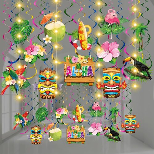 56 Pcs Hawaiian Party Decorations with Lights Luau Aloha Hanging Swirls Tiki Tropical Foil Ceiling Streamers Flowers Palm Flamingo Bird Cutouts for Tiki Bar Sign Summer Beach Pool Supplies