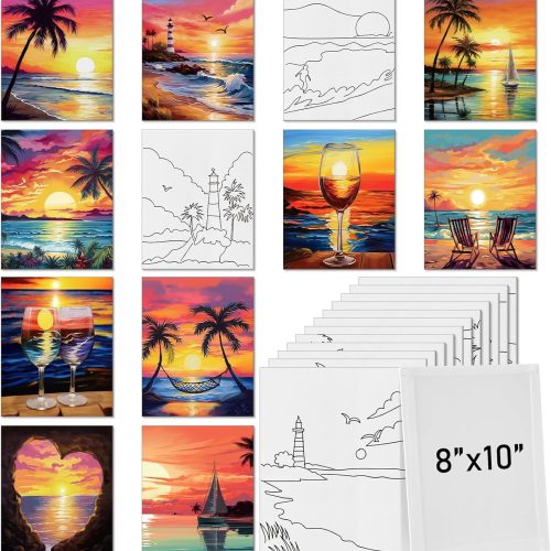 1 12 Pcs 7.9 x 9.8 Inch Pre Drawn Canvases for Painting Pre Stretched Canvas DIY Coloring Outline Painting Boards for Beginners Adults (Sea Sunset)