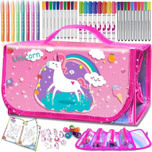56 PCS Washable Scented Markers with Glitter Pencil Case, Mermaid Unicorn Arts and Crafts for kids 4-6-8 Kids Coloring Drawing Kits for 4-8 Years Old Girls Xmas Gifts Stocking Stuffers